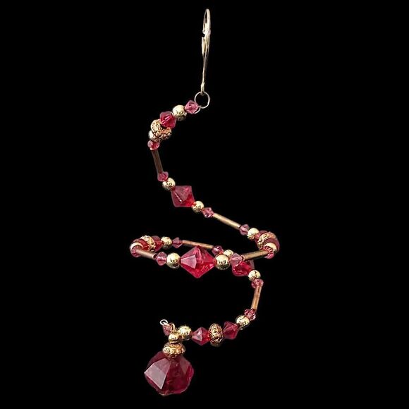 Beaded Memory Wire Ornament Spiral Dangle Twist Sparkly Christmas Red Gold Tone - Picture 1 of 16